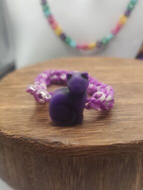 Purple Cat Charm Bracelet - Purple & White Loom Band B3505